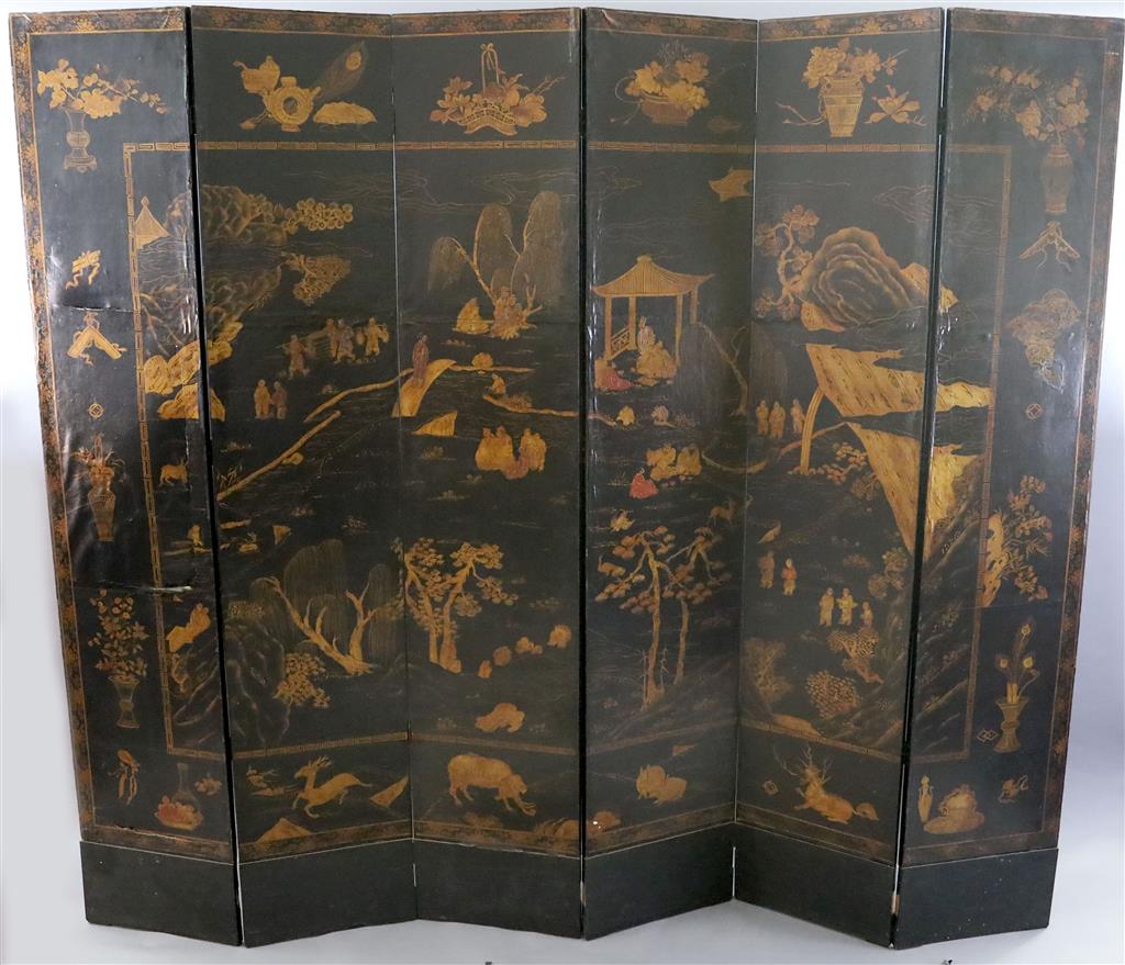 A 19th century Chinese gilt black six fold screen, each panel 45cm, 237cm high